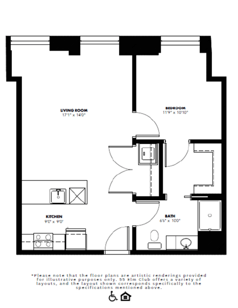 Floor plan for 1 bed, 1 bath, 866 sqft